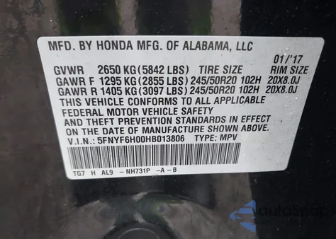 2017 Honda Pilot Elite from USA, damaged, VIN 5FNYF6H00HB013806